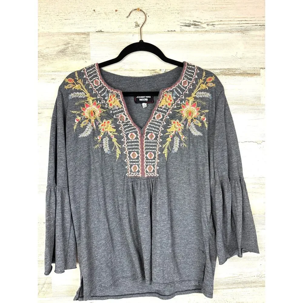 Johnny Was Workshop womens S Juliene Blouse Gray Floral Embroidered Peasant Top